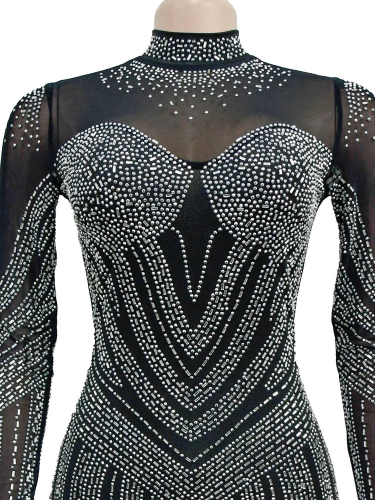 Kricesseen Sexy Rhinestone Crystal See-Through Short Dress Women Luxury Sheer Mesh Patchwork Birthday Clubwear Mini Dresses