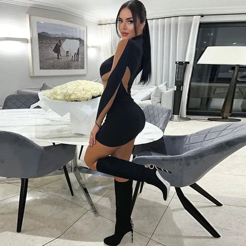 Fashion Mesh Patchwork Dresses For Women 2023 O Neck Long Sleeve Dress Club Outfits Black Bodycon Mini Dress Female 787