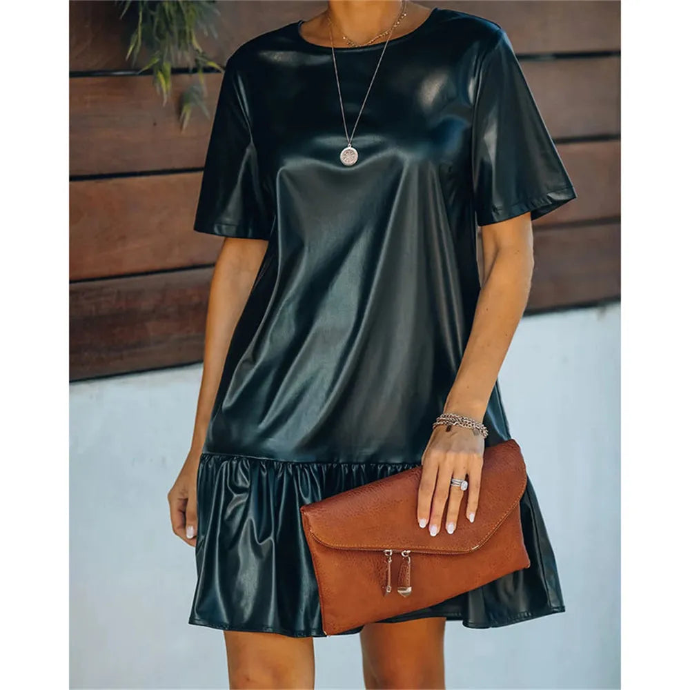 2022 Women's Black Faux PU Leather Dress Short Sleeve Loose Ruffle Elegant Mini Dresses Fashion Office Lady Clothing Vestidos