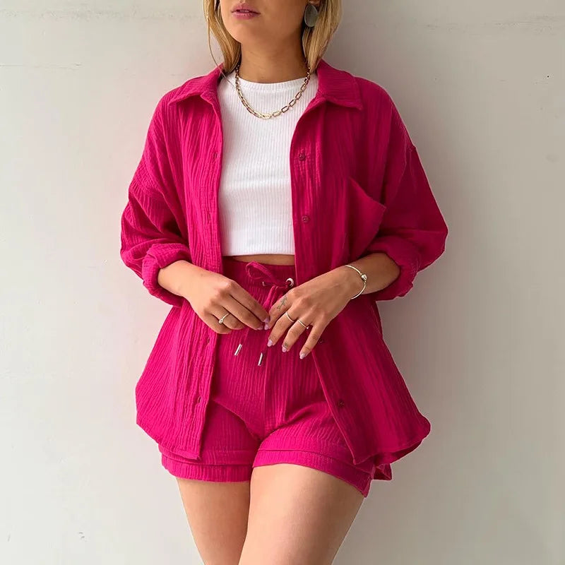 Women's Two Piece Spring/Summer Green Wrinkle Collar Long Sleeve Shirt High Waist Drawstring Shorts Fashion Casual 2 Piece Set