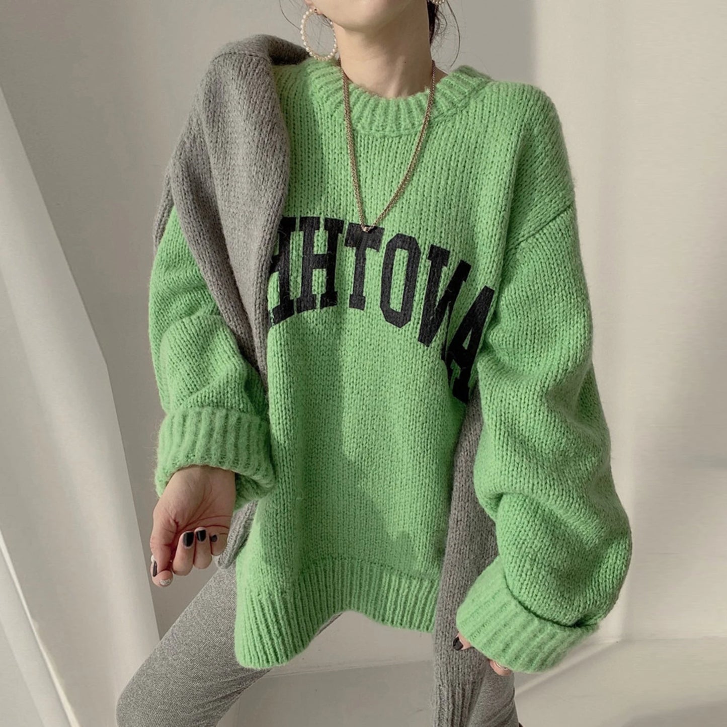 Women Crew Neck Pullover Letter Pattern Ladies Long Sleeve Pullover Knitted Sweater Loose Oversized Daily Outfit Women Clothes