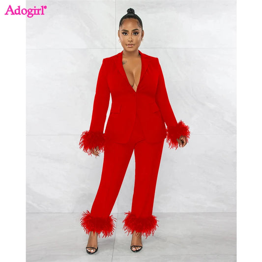 Adogirl Feathers Solid Two Piece Set Women Single Button Long Sleeve Blazer Top Wide Leg Pants Elegant Office Lady Work Suit