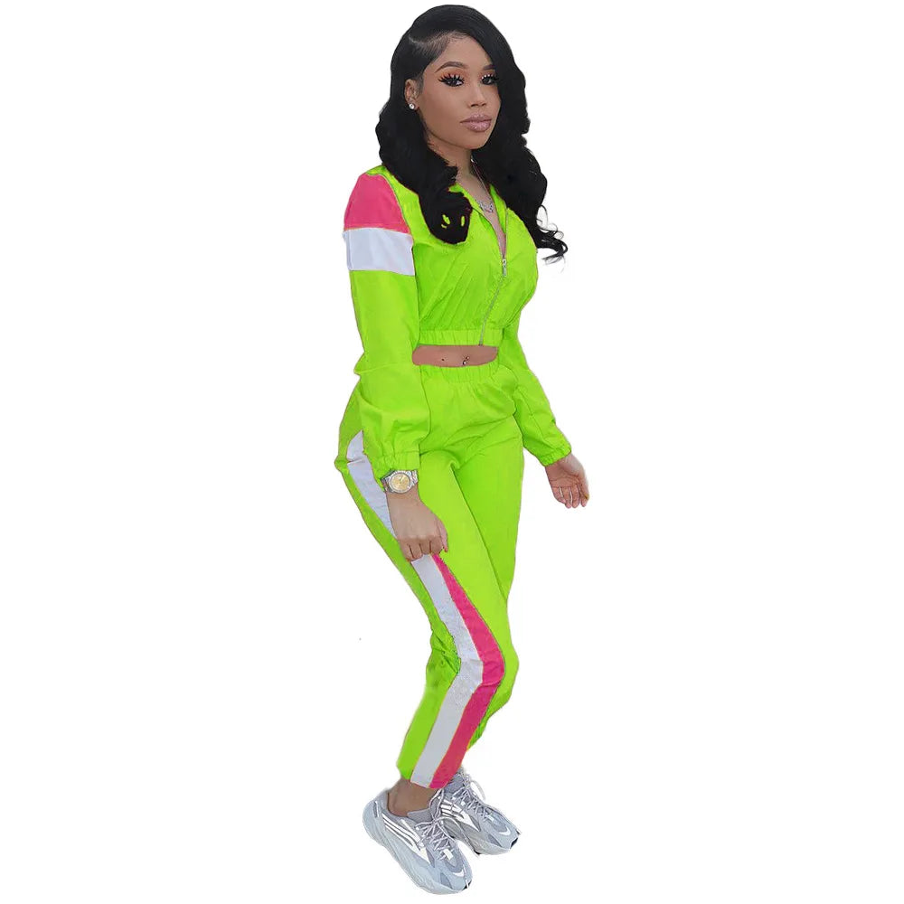 2019 Women Colorful Patchwork Zipper Up Jackets Pencil Pants Suits Sporty Two Piece Tracksuit Outfit Casual