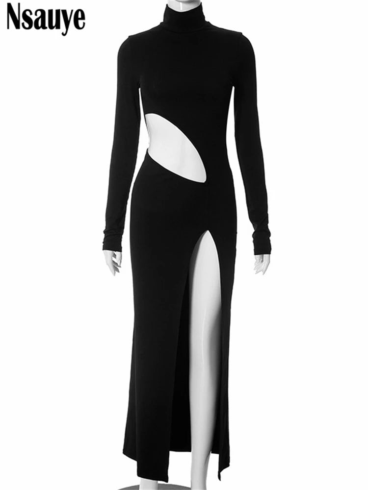 Nsauye Elegant Dress Winter 2023 Women Turtleneck High Split Bodycon Long Fashion Sexy Hollow Out Evening Club Dress Party Night