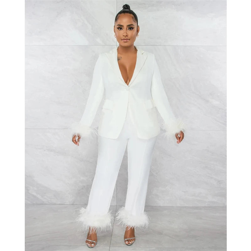 Adogirl Feathers Solid Two Piece Set Women Single Button Long Sleeve Blazer Top Wide Leg Pants Elegant Office Lady Work Suit