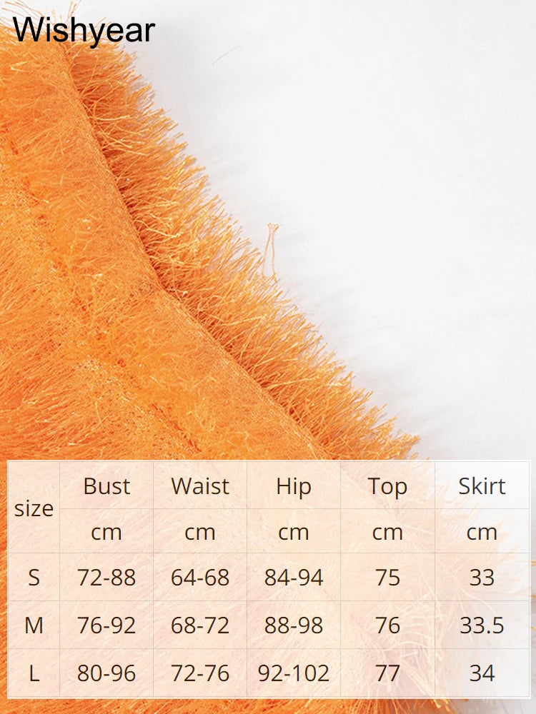 Wishyear Orange Metallic One Shoulder Bodysuit Top and Fuzzy Skirt Set for Women Sexy Birthday Club Bodycon Dress Sets Outfits