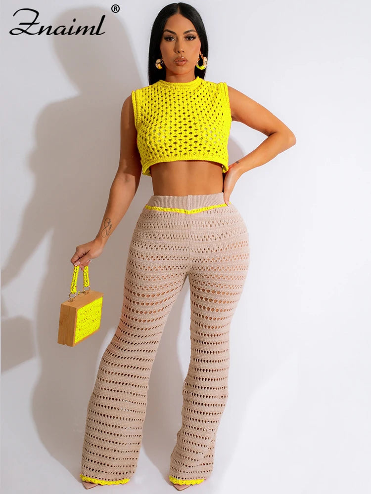 Znaiml Summer Crochet Hollow Out Beach Wear Crop Top and Wide Leg Pants Co Ord Set for Woman Two Piece Sets Sexy Club Outfits