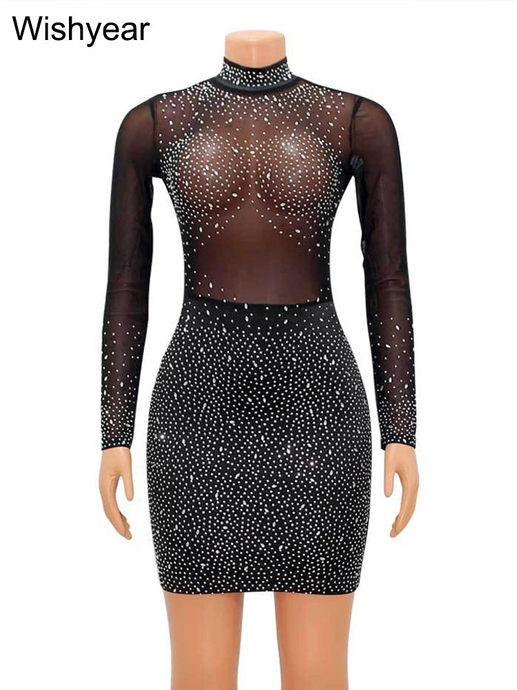 Wishyear Crystal Mesh Sheer Black Long Sleeve Bodycon Short Dress for Women Outfits Sexy Party Night Club Birthday Mini Dresses