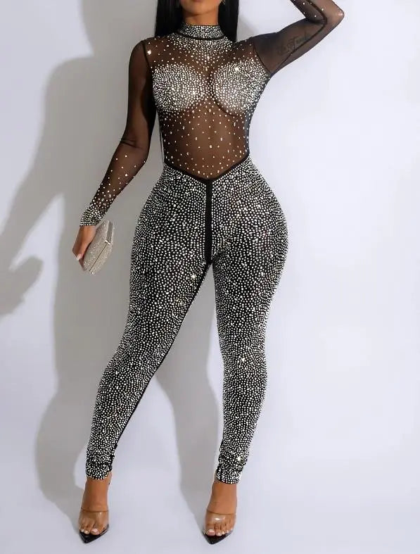 Sexy Women's Jumpsuit 2023 Nightclub Women's Clothing Solid Color Mesh Hot Drill Long-Sleeved See-Through Trousers Jumpsuit