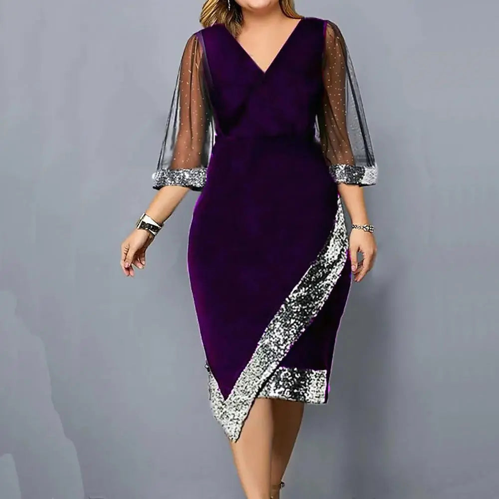 Party Dress V Neck Mesh 3/4 Sleeves Elegant Dress Sequin Summer Dress Daily Wear