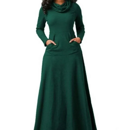 Autumn And Winter Women's Fashion Green Patchwork Pocket Apron Large Swing Long Dress Elegant Women's Long Sleeve Casual Dresses