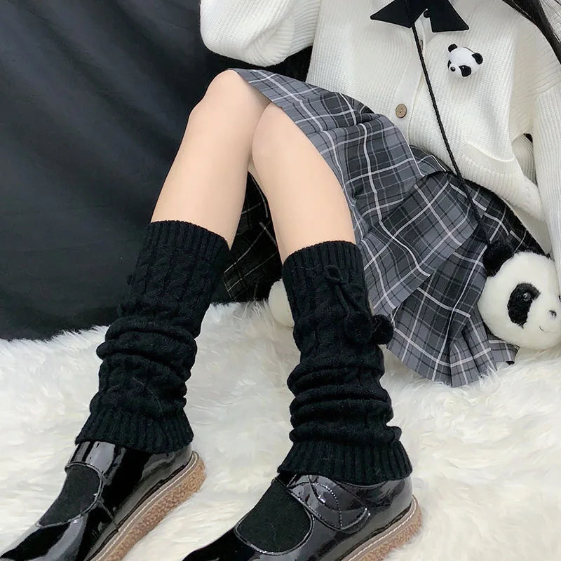 Japanese Style Winter Warm Socks Lolita Warm Leg Knitted Socks  Wool Ball Knitted Foot Covers Leg Warmers With Balls For Women