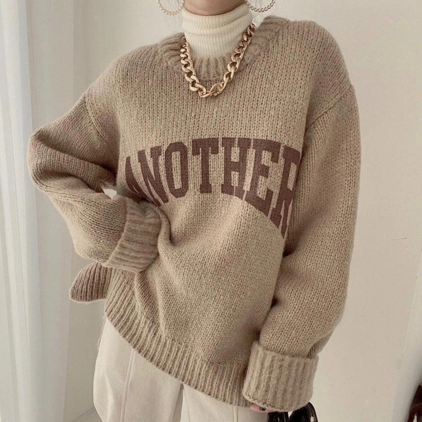 Women Crew Neck Pullover Letter Pattern Ladies Long Sleeve Pullover Knitted Sweater Loose Oversized Daily Outfit Women Clothes