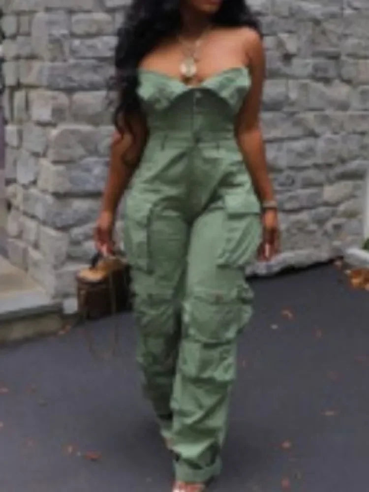 Fashion Women Strapless Button Front Ruched Cargo Jumpsuit 2023 Autumn Sexy Party Street Playsuit One Piece Suit Romper