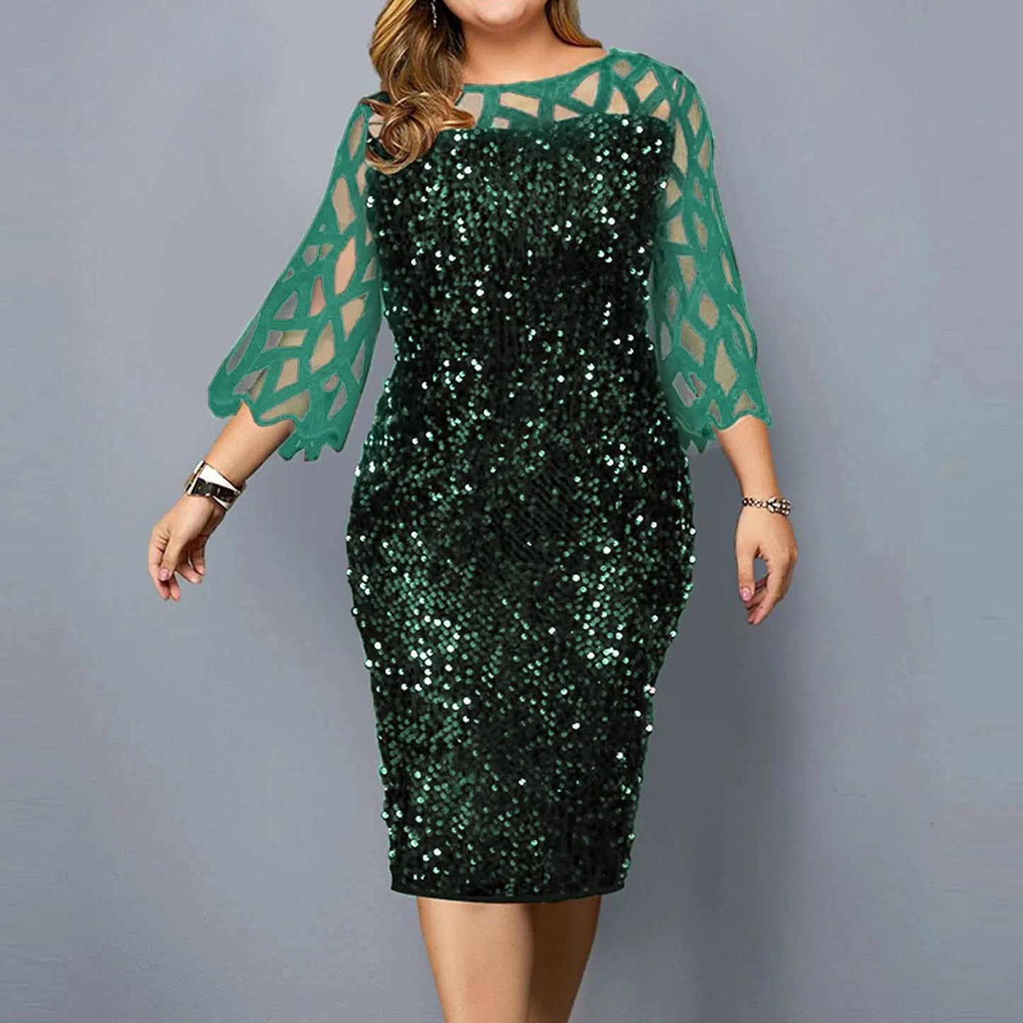 Mesh 3/4 Sleeve Sequined Cocktail Dress Slim Party Glitter Lace Dresses Temperament Casual Evening Dress Leisure Beach Vestidos