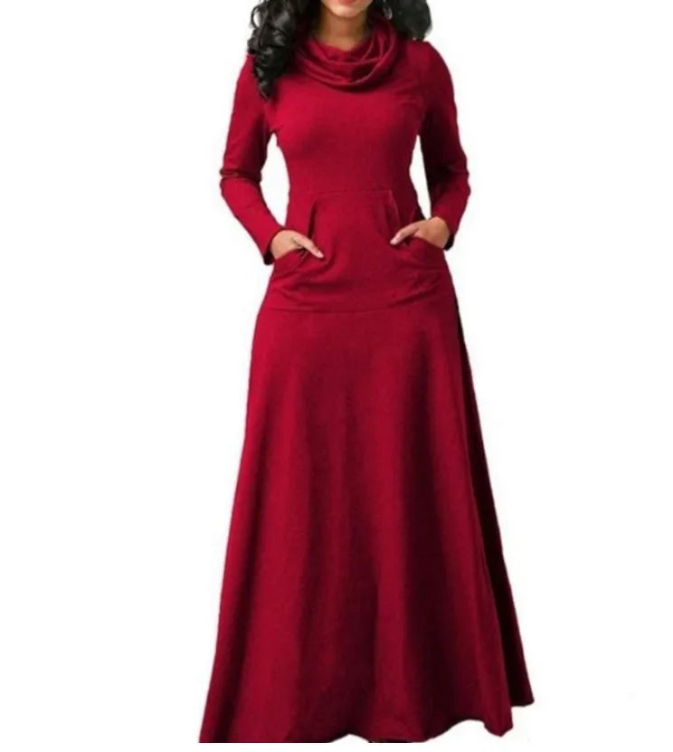 Plus Size 5XL Elegant Long Maxi Dress Autumn Winter Warm High Collar Women Long-sleeved Dress 2023 Woman Clothing With Pocket