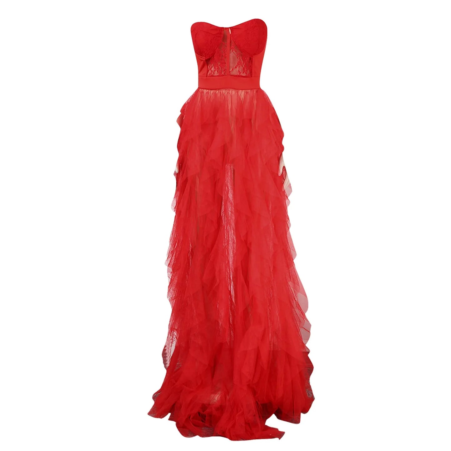 Women Elegant Party Dresses See Through Lace Mesh Corset Maxi Dress Strapless Hollow Tulle Black Red Dress Luxury Evening Gown