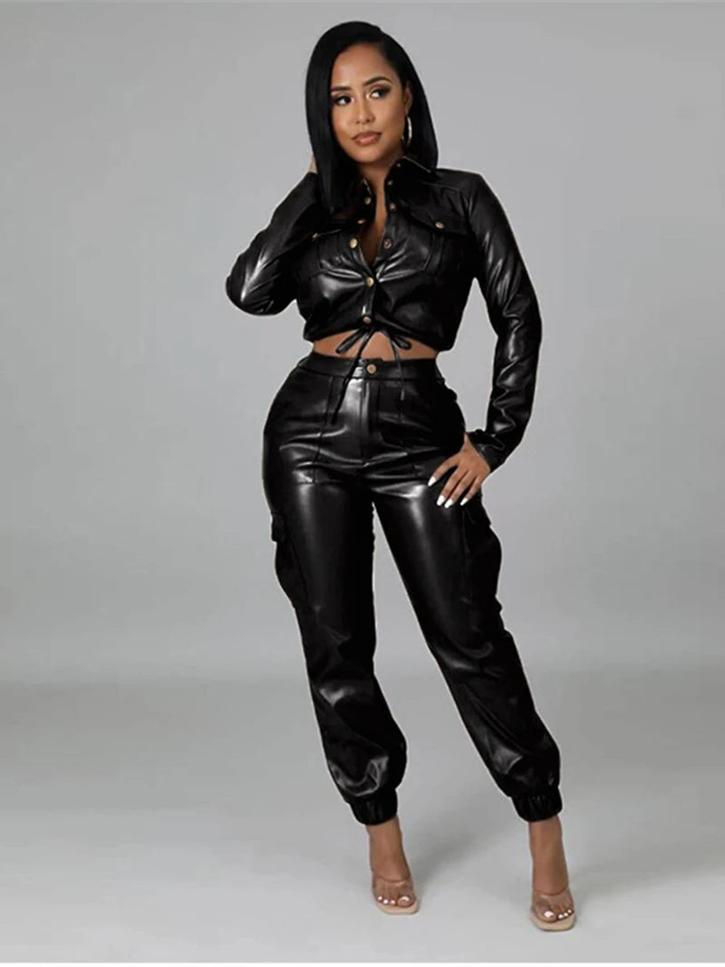 Faux Leather Two 2 Piece Sets Womens Outfits Autumn Clothing Set Vintage Jacket Crop Top and Pants Suit PU Leather Tracksuit Set