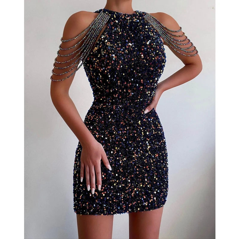 Off Shoulder Gold Sequin Dress Short Party Bodycon Dress Women Sexy Evening Dress