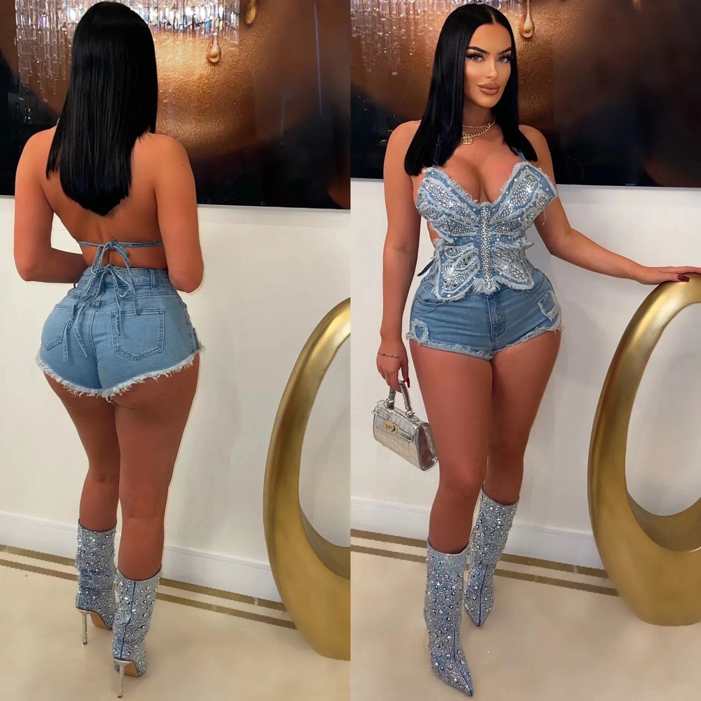 Casual Women Tracksuit Denim irregular Two Piece Set Halter Shirt + Short Pants Streetwear Clothes For Women Outfit