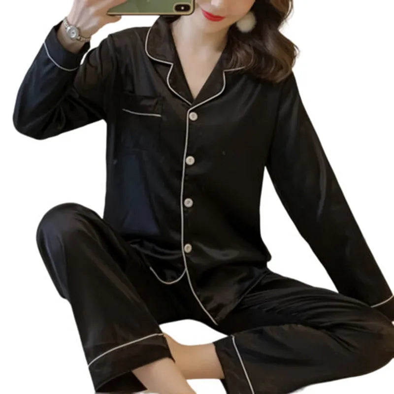 Satin Pyjamas Ladies Womens PJs Silk Long Sleeve Soft Nightwear Sleepwear Set Pants Sleepwear Top Women Long Sleeve Soft Button